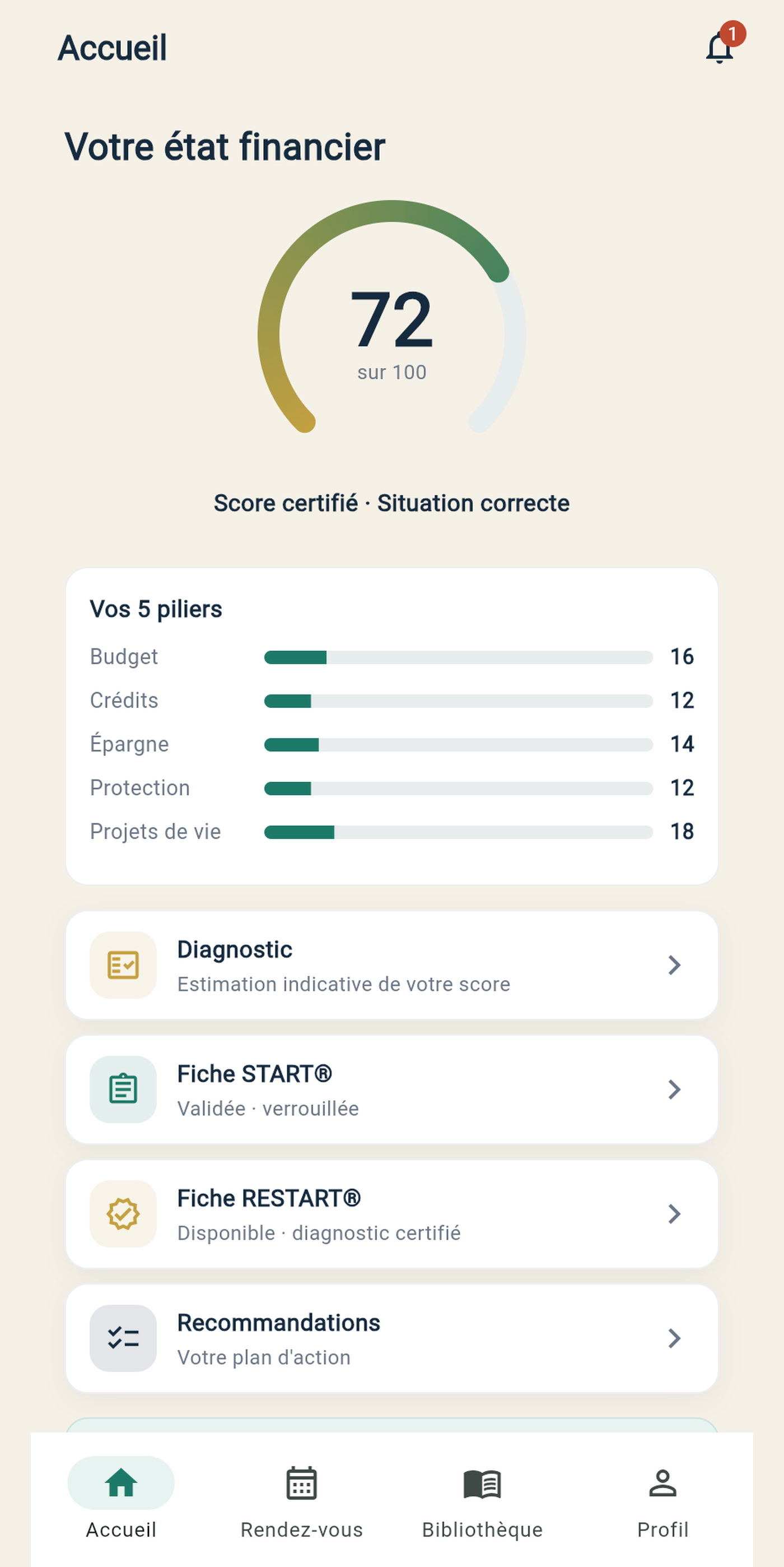 Écran d'accueil de l'app ReStart Finance